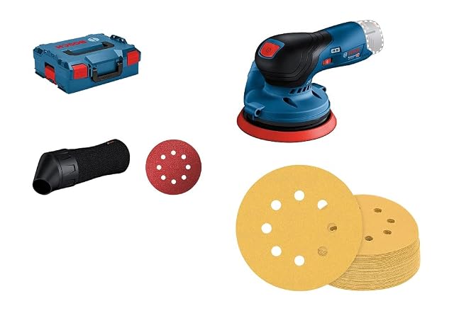 Ponceuse excentrique Bosch Professional GEX 12V-125 dans une L-BOXX avec des disques abrasifs, photographie produit