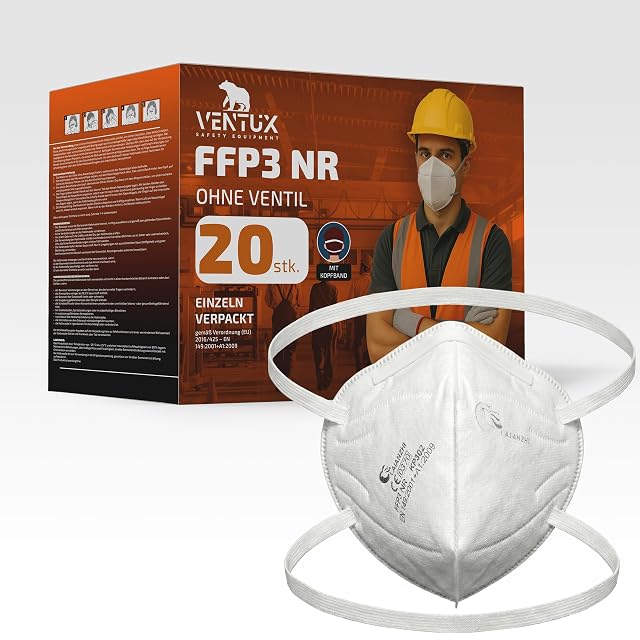 Vingt masques anti-poussière FFP3 emballés individuellement, à brides de tête, photographie du produit