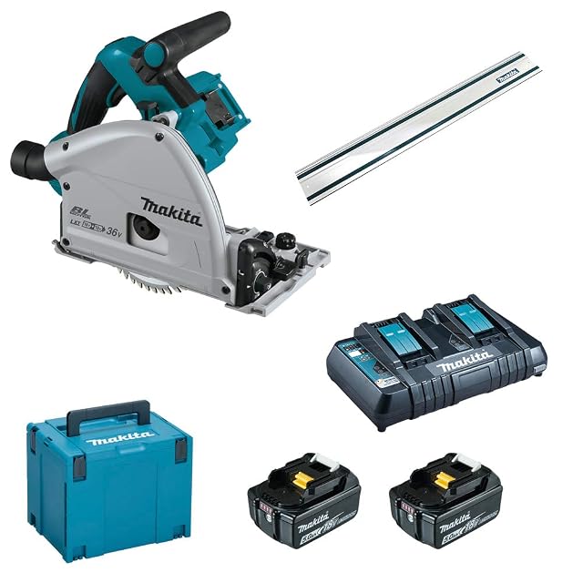 Scie plongeante sans fil Makita DSP600 avec rail de guidage et batteries, photographie du produit