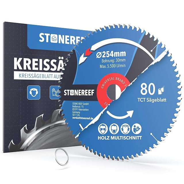 Lame de scie circulaire bleue de 254 mm à 80 dents avec bagues de réduction, photographie du produit
